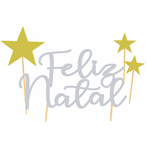 Topo de Bolo Decorativo Feliz Natal Prata e Dourado - 4 Un
