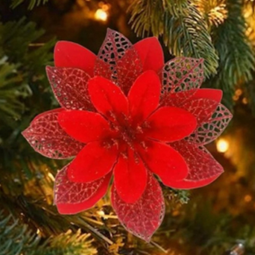 Flor Decorativa em Tecido com Glitter 15cm Vermelho - 1 Un