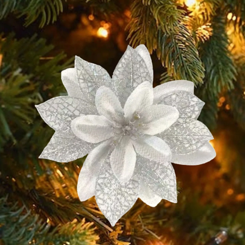 Flor Decorativa em Tecido com Glitter 15cm Prata - 1 Un