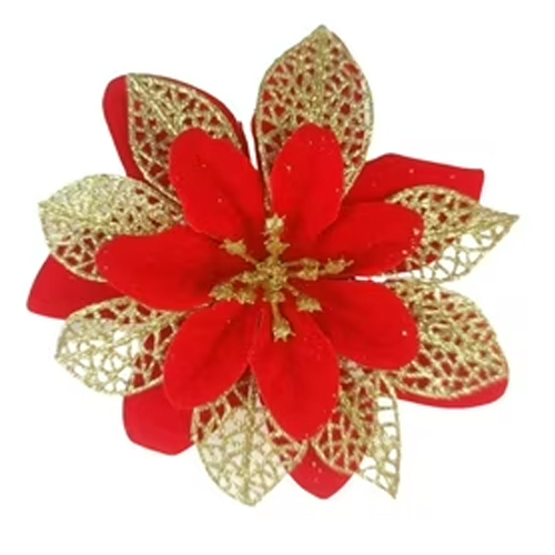 Flor Decorativa em Tecido com Glitter 15cm Vermelho e Dourado - 1 Un