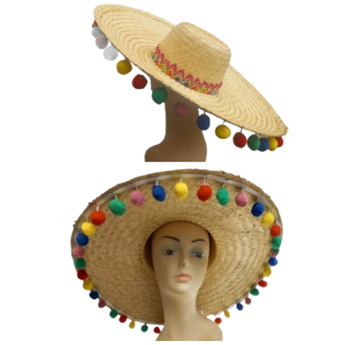 Chapéu Mexicano Luxo de Palha com Bolinhas Coloridas