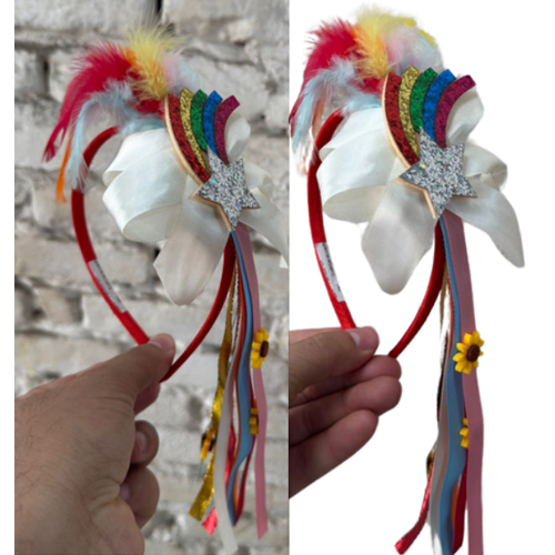 Tiara Importada Luxo com Fitas Penas e Laço - Para Festas