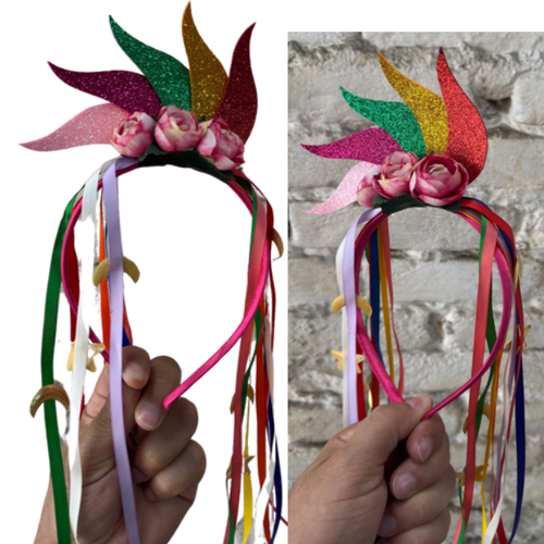 Tiara Importada Luxo com Flor Fitas Arco-Íris - Para Festas