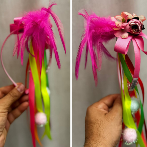 Tiara Luxo Importada com Fitas Flores e Penas - Para Festas