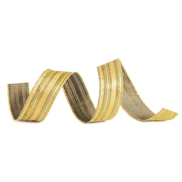 Fita de Natal Listras Ouro e Verde 3,8cm (Fita para Presente) - 1 Rolo
