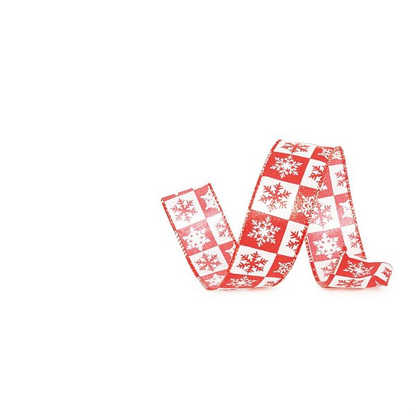 Fita de Natal Floco de Neve Vermelho e Branco 3,8cm (Fita para Presente) - 3 Un