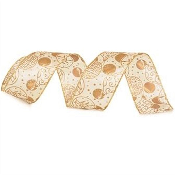 Fita de Natal Bola Marfim e Ouro 6,3cm (Fita para Presente) - 1 Rolo