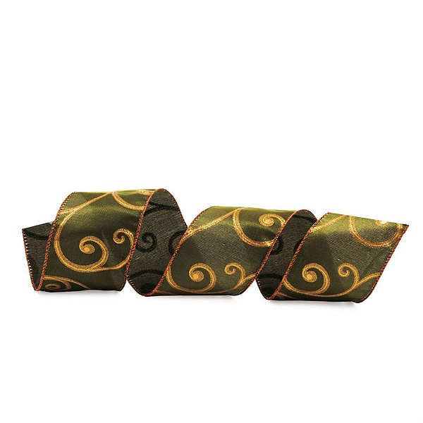 Fita de Natal Aveludada com Folhas Verde 6,3cm (Fita para Presente) - 1 Rolo