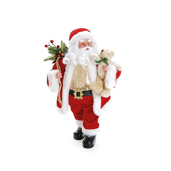 Boneco de Papai Noel com Roupa de Paetê Segurando Urso Vermelho e Ouro de 50cm