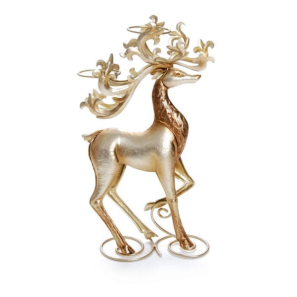 Rena de Natal Porta 2 Velas em Metal Ouro 35cm