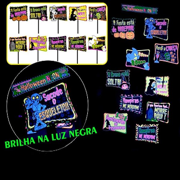 Plaquinhas Divertidas Festa Halloween Neon - 10 Un