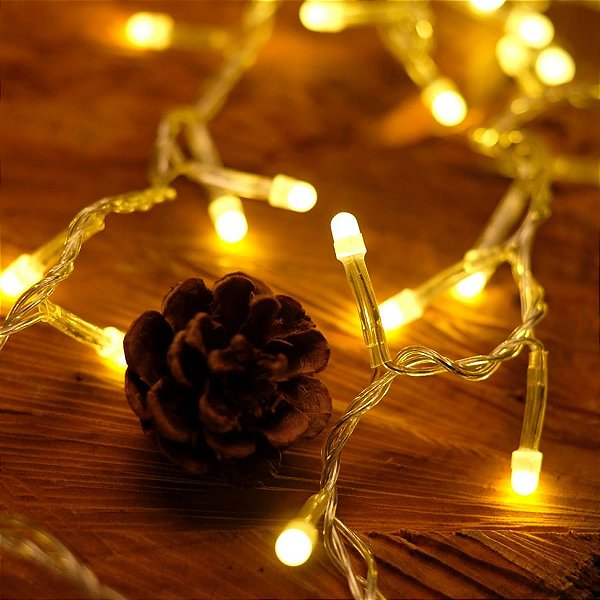 Pisca Pisca com 100 Leds Branco Quente 8 Funções Cordão Incolor 2,50m 220V