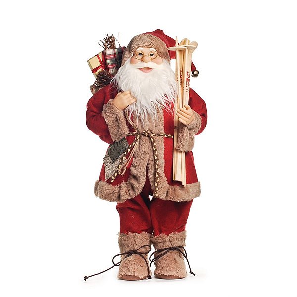 Boneco de Papai Noel em Pé com Casaco Vermelho e Bege de 65cm