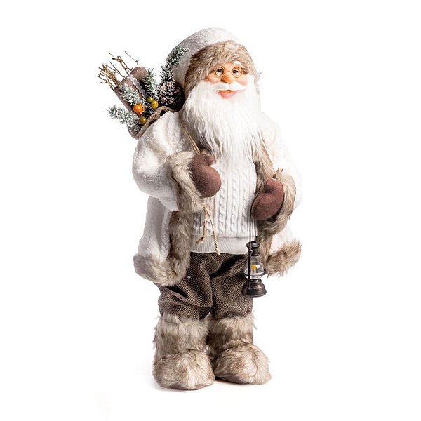 Boneco de Papai Noel em Pé com Saco de Presente Branco e Marfim de 65cm