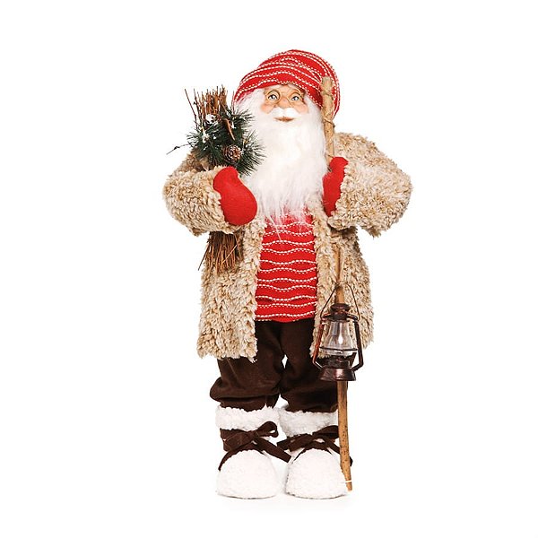 Boneco de Papai Noel Rústico com Lanterna Vermelho e Bege de 65cm