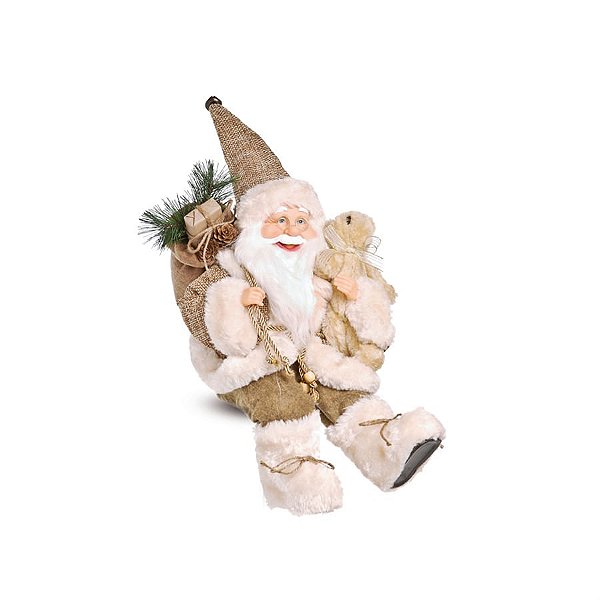 Boneco de Papai Noel Rústico Sentado Segurando Urso Bege de 40cm