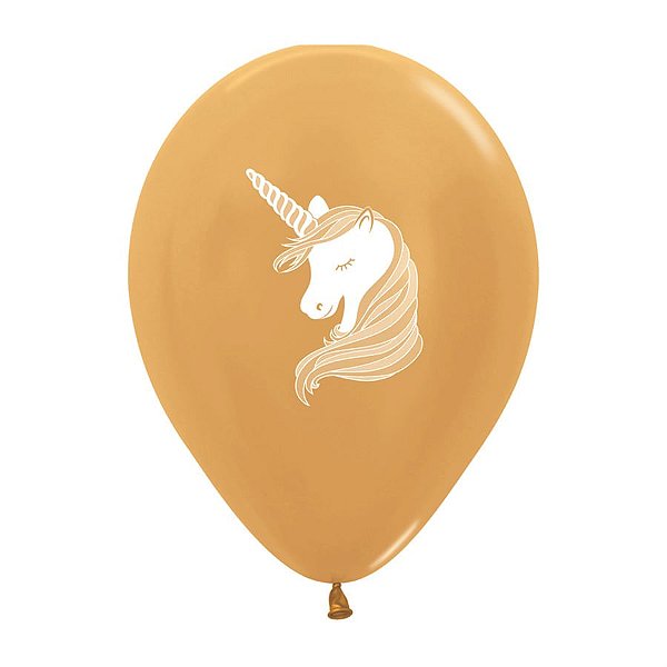 Balão Látex Impressão 2 Lados Metal Silhueta Unicórnio Dourado 12" / 30cm - 50 Un