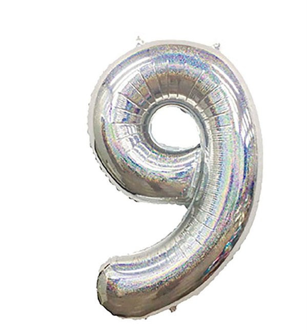 Balão Metalizado Número 9 Holográfico Glitter Prata 40'' / 101cm