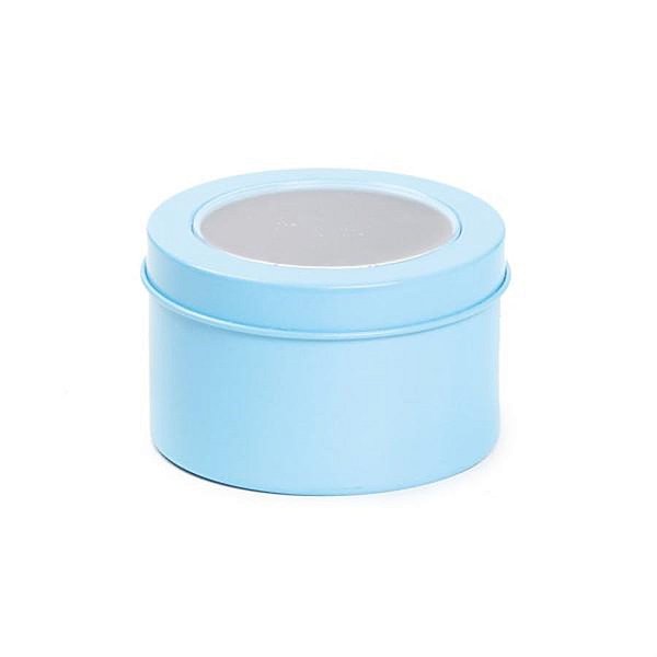 Latinha de Metal Redonda com Visor Azul Claro 7,5x4,5