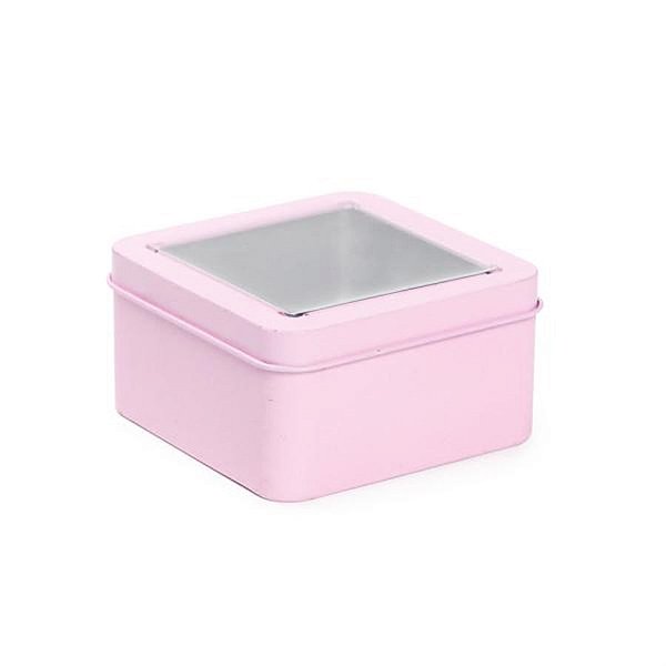 Latinha de Metal Quadrada com Visor Rosa Claro 8,5x8,5