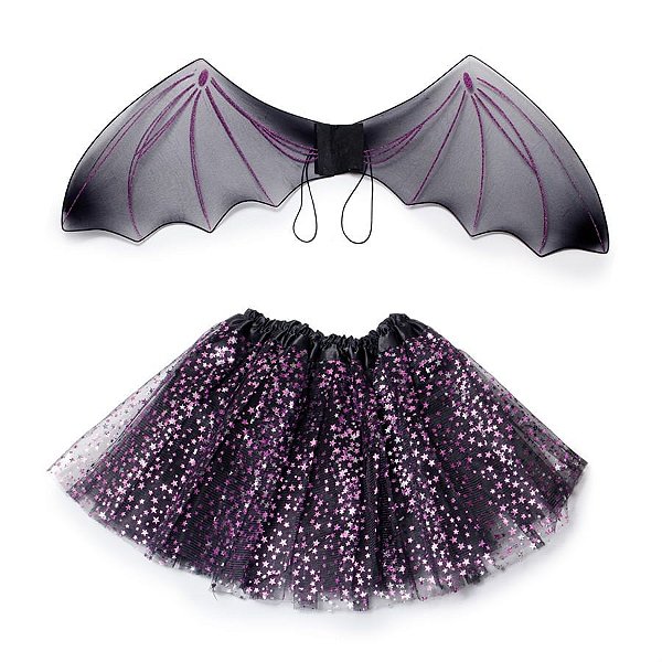 Kit Saia de Tule Asas Morcego Preto Adulto