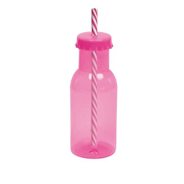 Garrafinha de Plástico com Canudo Rosa 6,5x20