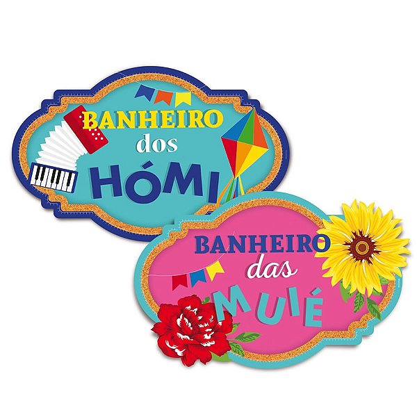Festa Junina - Placas de Sinalização para Banheiro Compose 30x20 - 2 Peças