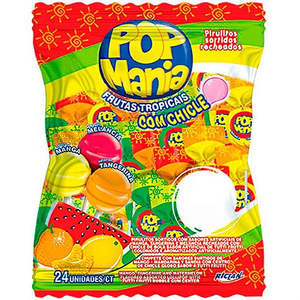 Pirulito Pop Mania Frutas Tropicais Recheio Chiclete Riclan - 50 Un