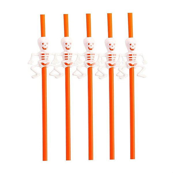 Canudo Em Plástico Esqueleto Halloween C/ 5 Unidades Tam. Aprox. 28Cm - 5 Unidades
