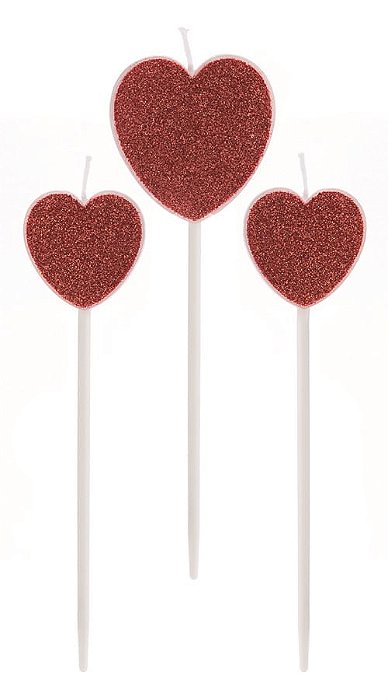 Vela Três Corações Glitter Vermelha - 3 Un