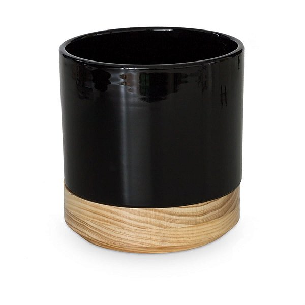 Vaso de Cerâmica com Base em Madeira Preto 18x18x19
