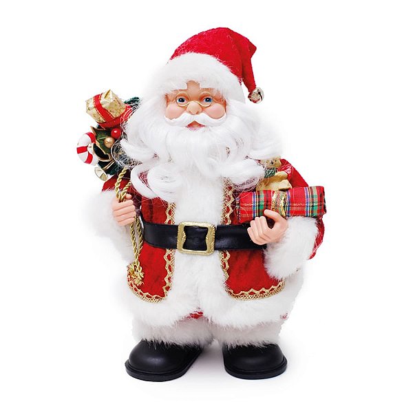 Boneco de Papai Noel com Presente Vermelho e Branco 3 Pilas AA de 25cm