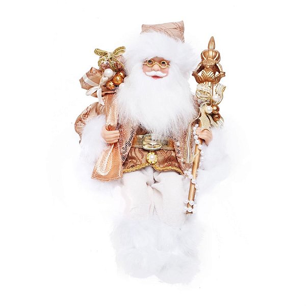 Boneco de Papai Noel Sentado com Cetro Rosê e Branco de 30cm