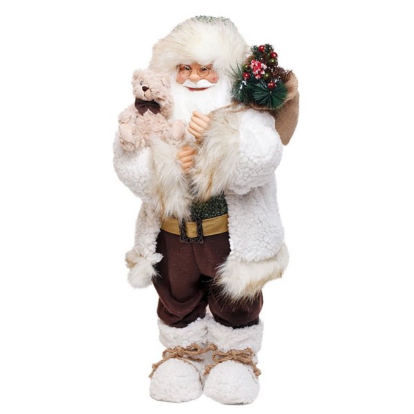 Boneco de Papai Noel com Saco de Presente Marrom e Branco e Verde de 62cm