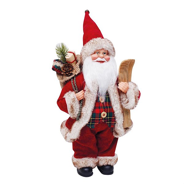Boneco de Papai Noel com Esqui e Lanterna Vermelho e Bege de 32cm