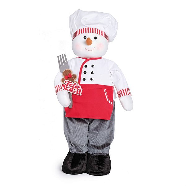 Boneco Neve Cozinheiro em Pé com Placa Vermelho e Cinza e Branco