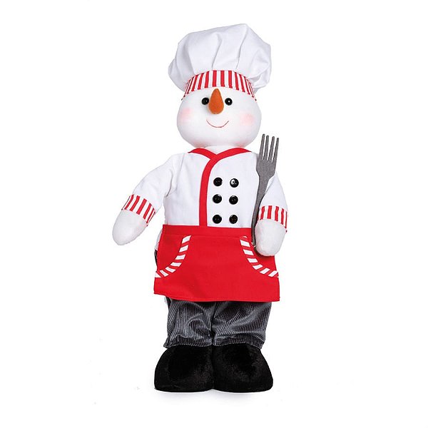 Boneco Neve Cozinheiro em Pé com Garfo Vermelho e Cinza e Branco