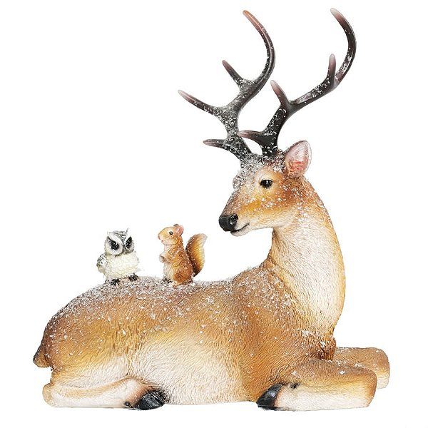 Rena de Natal Deitada com Pássaros Marrom 23cm