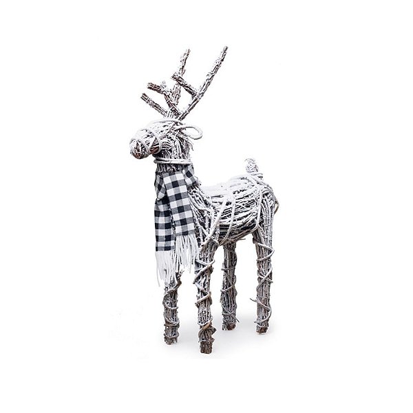 Rena de Natal Rattan com Cachecol Xadrez Marrom e Preto e Branco M 67cm