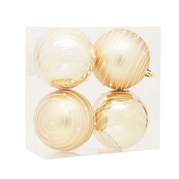 Bola de Natal Riscos Perola Dourado / Branco 10cm - 4 Un