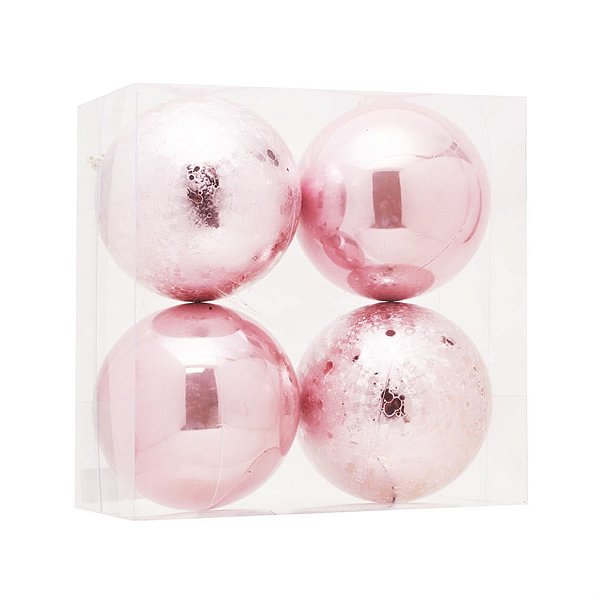 Bola de Natal Brilho e Craquelada Rosa Claro 12cm - 4 Un