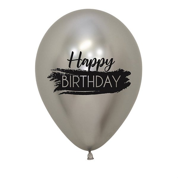 Balão Latex Impressão 2 Lados Reflex Happy Birthday Prata 12" / 30cm - 50 Un