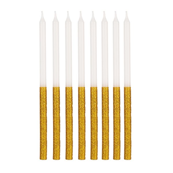 Vela Palito Gigante Branca com Dourado - 8 Un