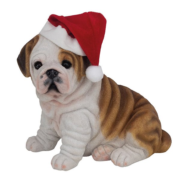 Cachorro Decorativo Bulldog Sentado Branco e Marrom 28cm