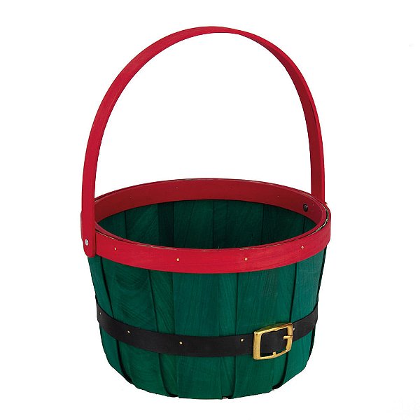 Cesta Redonda Bambu com Alça Cinto Noel Verde e Vermelho