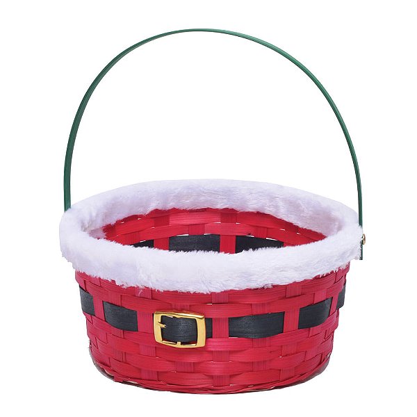 Cesta Redonda Bambu com Alça Cinto Noel Vermelho e Branco