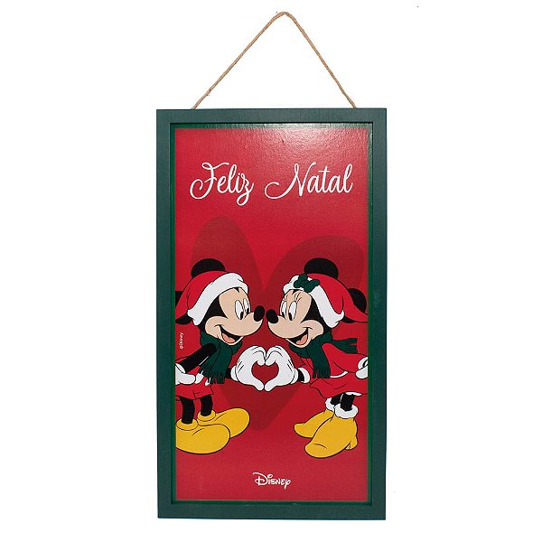 Quadro Escrito Feliz Natal Mickey e Minnie com Gorro 25X44,5
