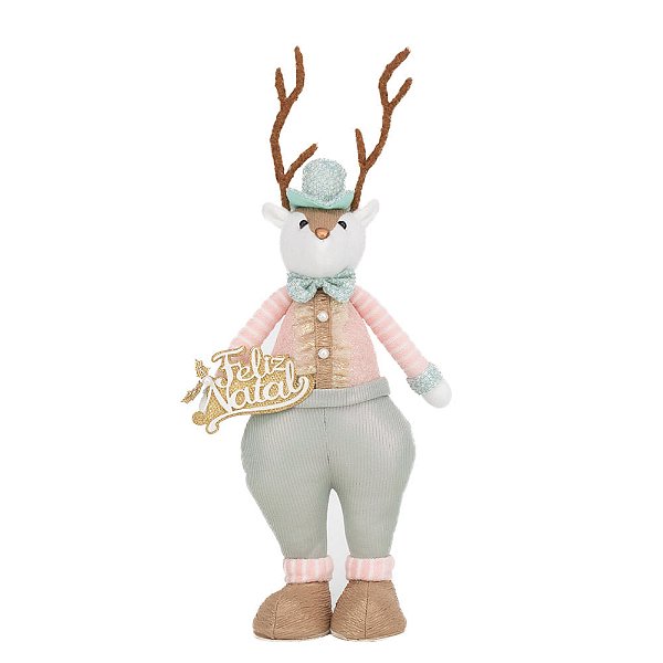 Rena em Pé com Placa Feliz Natal Azul e Rosa