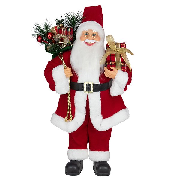 Papai Noel Decorativo Segurando Caixa De Presente Xadrez 60cm