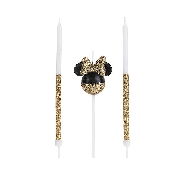 Vela Minnie 360 Meio Glitter Dourada - 3 Un